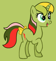 Size: 503x554 | Tagged: safe, artist:christian65, imported from derpibooru, mimic (g1), pony, unicorn, bow, female, g1, g1 to g4, g4, generation leap, green background, mare, raised hoof, raised leg, simple background, solo, tail bow