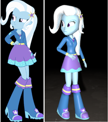 Size: 1600x1800 | Tagged: safe, artist:gaelponyrdzgamer56, imported from derpibooru, trixie, equestria girls, rainbow rocks, 3d, boots, clothes, comparison, hand on hip, recreation, remake, shoes, source filmmaker