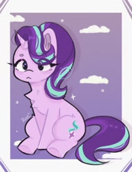 Size: 1127x1474 | Tagged: safe, artist:dearysnowy, imported from derpibooru, starlight glimmer, pony, unicorn, :<, chest fluff, cloud, cute, eye clipping through hair, eyebrows, eyebrows visible through hair, female, frown, glimmerbetes, mare, sitting, solo, sparkles