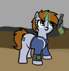 Size: 612x628 | Tagged: safe, alternate version, artist:neuro, imported from ponybooru, oc, oc only, oc:littlepip, pony, unicorn, fallout equestria, animated, clothes, dancing, female, gif, gun, horn, magic, mare, pipbuck, shooting, small pony, solo, telekinesis, unicorn oc, vault suit, wasteland, weapon