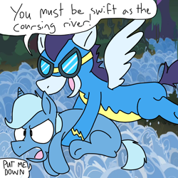 Size: 1000x1000 | Tagged: safe, artist:karpet-shark, deleted from derpibooru, soarin', trixie, angry, comic, dialogue, missing cutie mark, river, rule 63, scenery, tumblr, yelling
