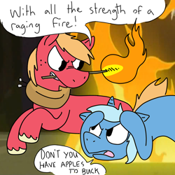 Size: 1000x1000 | Tagged: safe, artist:karpet-shark, deleted from derpibooru, big macintosh, trixie, angry, comic, dialogue, fire, missing cutie mark, rule 63, tumblr, wat, yelling