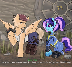 Size: 2952x2739 | Tagged: safe, artist:leastways, imported from derpibooru, oc, oc only, oc:amethyst aria, oc:steady hoof, pegasus, pony, unicorn, fallout equestria, clothes, dialogue, gun, knife, two toned mane, vault door, vault suit, weapon