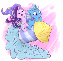 Size: 2488x2410 | Tagged: safe, artist:midnightpremiere, imported from derpibooru, starlight glimmer, trixie, pony, unicorn, 2018, accessory swap, cape, clothes, cute, diatrixes, duo, duo female, female, glimmerbetes, guardians of harmony, hat, high res, horn, mare, one eye closed, open mouth, open smile, rocket, signature, simple background, smiling, smirk, smoke, toy, toy interpretation, trixie's cape, trixie's hat, trixie's rocket, white background