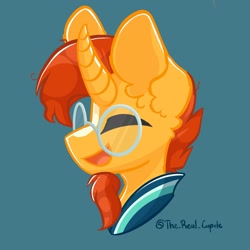 Size: 2048x2048 | Tagged: safe, artist:cupute, imported from derpibooru, sunburst, pony, big ears, curved horn, eyes closed, high res, horn, open mouth, smiling, solo