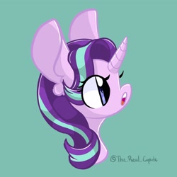 Size: 2048x2048 | Tagged: safe, artist:cupute, imported from derpibooru, starlight glimmer, pony, unicorn, big ears, bust, curved horn, female, green background, high res, horn, mare, open mouth, side view, simple background, solo