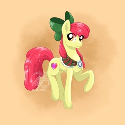 Size: 2048x2048 | Tagged: safe, artist:turtletroutstudios, imported from derpibooru, apple bloom, earth pony, pony, bow, clothes, concave belly, eye clipping through hair, female, hair bow, high res, looking at you, mare, older, older apple bloom, raised hoof, raised leg, shawl, smiling, smiling at you, solo