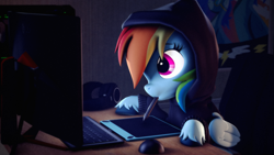 Size: 3840x2160 | Tagged: safe, artist:psfmer, imported from derpibooru, rainbow dash, pegasus, pony, 3d, bedroom, chair, clothes, computer, computer keyboard, cute, dashabetes, desk, drawing, drawing tablet, female, high res, hoodie, keyboard, mare, mouth hold, pen in mouth, revamped ponies, solo, source filmmaker, stylus, unshorn fetlocks, wonderbolts poster