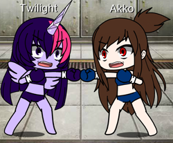 Size: 686x567 | Tagged: safe, artist:jpghost, imported from derpibooru, twilight sparkle, anthro, akko kagari, angry, bashing, boxing, boxing gloves, crossover, gacha life, little witch academia, sports, weird