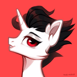 Size: 3000x3000 | Tagged: safe, artist:rrd-artist, imported from derpibooru, oc, oc only, oc:凌宇, pony, unicorn, bust, ear fluff, grin, high res, horn, looking at you, male, red background, red eyes, simple background, smiling, smiling at you, solo, stallion, unicorn oc