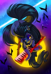 Size: 1541x2214 | Tagged: safe, artist:opalacorn, imported from derpibooru, oc, oc only, bat, earth pony, pony, keytar, long hair, long mane, long tail, moon, musical instrument, night, solo