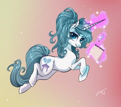 Size: 1995x1752 | Tagged: safe, artist:opalacorn, imported from derpibooru, oc, oc only, oc:silk lace, pony, unicorn, glowing horn, gradient background, grin, horn, looking at you, magic, magic aura, notepad, pencil, smiling, smiling at you, smirk, solo, telekinesis, unicorn oc