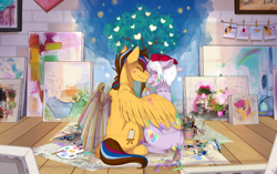 Size: 1514x951 | Tagged: dead source, safe, artist:mr-tiaa, imported from derpibooru, oc, oc only, oc:chance dye, oc:velvet ribbon, pegasus, pony, unicorn, artificial wings, augmented, easel, floppy ears, hug, paintbrush, painting, tree, winghug, wings