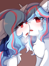 Size: 2048x2732 | Tagged: safe, artist:yilo, imported from derpibooru, oc, oc:moontrace, pony, unicorn, blushing, boop, hairband, high res, kissing, multicolored hair, noseboop, red eyes, self ponidox, selfcest, shipping