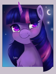 Size: 2468x3240 | Tagged: safe, alternate version, artist:saphypone, imported from derpibooru, twilight sparkle, pony, unicorn, bust, chest fluff, cute, female, high res, looking up, mare, moon, night, portrait, revised, signature, sky, smiling, solo, stars, twiabetes, unicorn twilight
