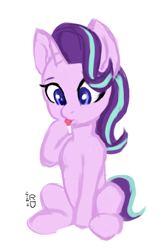 Size: 2000x3000 | Tagged: safe, artist:raphaeldavid, imported from derpibooru, starlight glimmer, pony, unicorn, chibi, high res, hoof licking, licking, simple background, sitting, solo, tongue out, white background