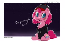 Size: 2000x1300 | Tagged: safe, artist:matterproblem, imported from derpibooru, pinkie pie, pony, bandaid, bandaid on nose, cap, clothes, hat, hoodie, night, solo, stars