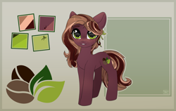 Size: 3265x2065 | Tagged: safe, artist:radioaxi, artist:reterica, imported from derpibooru, oc, oc only, oc:dim bush, earth pony, pony, female, green eyes, high res, looking at you, mare, reference sheet, ribbon, simple background, smiling, smiling at you, solo