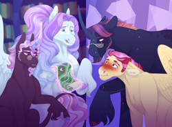 Size: 2724x2000 | Tagged: safe, artist:felinenostalgic, imported from derpibooru, oc, oc only, oc:dark omen, oc:dusk constellation, oc:flash millenium, oc:starlit scroll, classical unicorn, pegasus, pony, unicorn, beard, blushing, body freckles, cloven hooves, facial hair, freckles, glasses, high res, leonine tail, licking, licking lips, magical threesome spawn, male, map, multiple parents, offspring, parent:big macintosh, parent:king sombra, parent:north point, parent:princess luna, parent:tempest shadow, parent:trixie, parent:twilight sparkle, parents:moonsentry, parents:northluna, parents:tempestrixbra, parents:twimac, stallion, tongue out, unshorn fetlocks