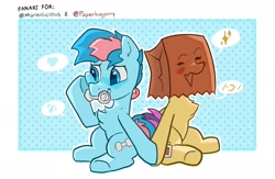 Size: 2000x1300 | Tagged: safe, artist:matterproblem, imported from derpibooru, oc, oc:blue chewings, oc:paper bag, pony, blue eyes, chest fluff, chew toy, duo, fake cutie mark, heart, holding hooves, paper bag, pictogram