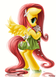 Size: 700x955 | Tagged: safe, artist:nonananana, imported from derpibooru, fluttershy, pegasus, pony, bipedal, clothes, dress, female, flower, hairclip, looking at you, looking back, looking back at you, shoes, solo