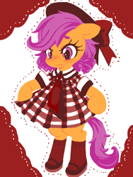 Size: 600x800 | Tagged: safe, artist:nonananana, imported from derpibooru, scootaloo, pony, angry, bipedal, blushing, clothes, dress, female, girly, hat, mary janes, shoes, simple background, socks, solo