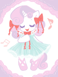 Size: 600x800 | Tagged: safe, artist:nonananana, imported from derpibooru, sweetie belle, pony, ballet slippers, bipedal, bow, clothes, cute, diasweetes, dress, female, hair bow, music notes, open mouth, simple background, singing, solo