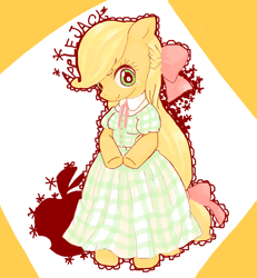 Size: 600x650 | Tagged: safe, artist:nonananana, imported from derpibooru, anthro, apple, clothes, dress, female, food, hair ribbon, missing accessory, simple background, solo