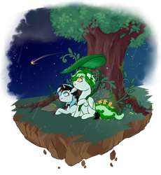 Size: 800x868 | Tagged: safe, artist:lavvythejackalope, imported from derpibooru, oc, oc only, pony, unicorn, commission, duo, floating island, horn, looking up, lying down, night, outdoors, prone, shooting star, smiling, stars, tree, unicorn oc, ych result