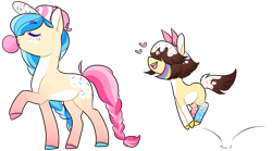 Size: 700x388 | Tagged: safe, artist:lavvythejackalope, imported from derpibooru, oc, oc only, earth pony, pony, braided tail, bubblegum, colored hooves, duo, earth pony oc, eyes closed, female, food, gum, hat, heart, mare, pronking, raised hoof, simple background, smiling, transparent background