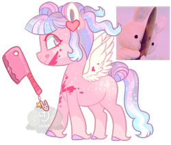 Size: 700x591 | Tagged: safe, artist:lavvythejackalope, imported from derpibooru, oc, oc only, pegasus, pony, rabbit, animal, blood, cleaver, ear piercing, ethereal mane, heart eyes, pegasus oc, piercing, plushie, smiling, starry mane, wingding eyes, wings