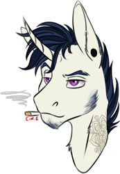 Size: 737x1063 | Tagged: safe, artist:eperyton, imported from derpibooru, oc, oc only, pony, unicorn, beard, bust, cigarette, ear piercing, facial hair, horn, magical lesbian spawn, male, offspring, parent:octavia melody, parent:vinyl scratch, parents:scratchtavia, piercing, simple background, smoking, solo, stallion, tattoo, unicorn oc, white background