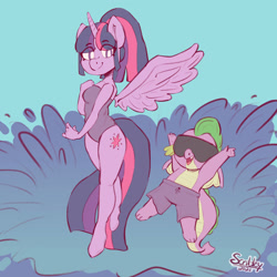 Size: 3000x3000 | Tagged: safe, artist:scribleydoodles, imported from derpibooru, spike, twilight sparkle, alicorn, anthro, dragon, unguligrade anthro, clothes, duo, female, high res, male, mare, one-piece swimsuit, sunglasses, swimming trunks, swimsuit, twilight sparkle (alicorn), water, winged spike, wings