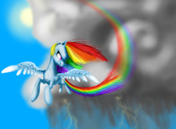 Size: 1043x766 | Tagged: safe, artist:joan-grace, imported from derpibooru, rainbow dash, pegasus, pony, cloud, female, flying, grin, looking back, mare, outdoors, rainbow trail, smiling, solo, wings