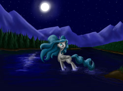 Size: 1043x766 | Tagged: safe, artist:joan-grace, imported from derpibooru, oc, oc only, alicorn, pony, alicorn oc, female, full moon, horn, lake, mare, moon, mountain, night, outdoors, solo, stars, wings