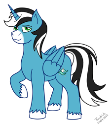 Size: 900x1000 | Tagged: safe, imported from derpibooru, oc, oc only, alicorn, pony, alicorn oc, black and white mane, blue, green eyes, horn, male, raised hoof, simple background, solo, stallion, white background, white hooves, wings