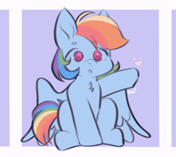 Size: 1106x988 | Tagged: safe, artist:kokoaapuff, imported from derpibooru, rainbow dash, pegasus, pony, :<, chest fluff, colored sclera, female, mare, sitting, solo