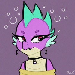 Size: 1280x1280 | Tagged: safe, artist:kokoaapuff, imported from derpibooru, spike, dragon, beanbrows, bubble, clothes, collar, ear piercing, earring, eyebrows, gender headcanon, inverted cross, jewelry, nonbinary, nonexistent meet-cute, nonexistent meet-cute [idlyam], off shoulder, off shoulder sweater, piercing, solo, song reference, sweater, vylet pony