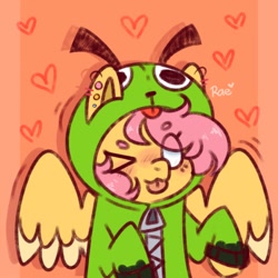 Size: 1024x1024 | Tagged: safe, artist:dearysnowy, artist:kokoaapuff, imported from derpibooru, fluttershy, pegasus, pony, ;p, antonymph, beanbrows, clothes, ear piercing, earring, eyebrows, fluttgirshy, gir, heart, heart background, hoodie, invader zim, jewelry, one eye closed, piercing, solo, song reference, tongue out, vylet pony, wink