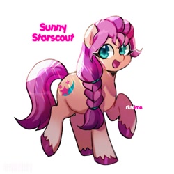 Size: 1263x1263 | Tagged: safe, artist:riukime, imported from derpibooru, sunny starscout, earth pony, pony, braid, cute, female, g5, looking at you, mare, open mouth, raised hoof, simple background, solo, sunnybetes, text, unshorn fetlocks, white background