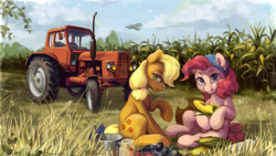 Size: 2560x1440 | Tagged: safe, artist:jewellier, imported from derpibooru, applejack, pinkie pie, earth pony, pony, bandana, biplane, bucket, corn, cornfield, cottagecore, duo, duo female, eating, farm, female, food, hatless, herbivore, jar, looking at you, looking back, looking back at you, mare, missing accessory, plane, tractor