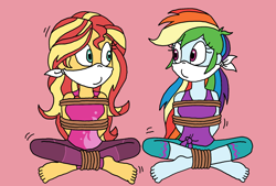 Size: 1890x1276 | Tagged: safe, artist:bugssonicx, imported from derpibooru, rainbow dash, sunset shimmer, equestria girls, barefoot, bondage, bound and gagged, cloth gag, feet, gag, otn gag, over the nose gag, rainbond dash, rope, rope bondage, tied up, yoga, yoga pose