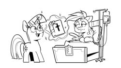 Size: 1920x1080 | Tagged: safe, artist:kylesmeallie, imported from derpibooru, rainbow dash, twilight sparkle, pegasus, pony, unicorn, read it and weep, bed, bible, black and white, christianity, grayscale, hospital bed, intravenous, iv drip, levitation, magic, monochrome, proselytizing, simple background, telekinesis, unicorn twilight, white background