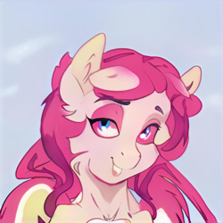 Size: 1024x1024 | Tagged: safe, artist:thisponydoesnotexist, imported from derpibooru, pegasus, pony, ai content, ai generated, bust, generator:thisponydoesnotexist, high as fuck, majestic as fuck, neural network, portrait, red eyes, red mane, smiling, solo