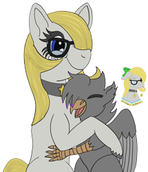 Size: 1032x1200 | Tagged: safe, artist:gray star, derpibooru exclusive, imported from derpibooru, oc, oc:gray star, oc:valiant effort, earth pony, griffon, pony, choker, female, glasses, hug, male, mare, smiling