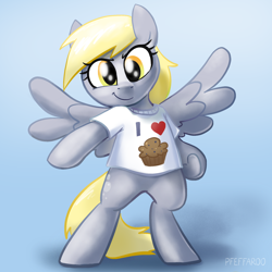 Size: 2048x2048 | Tagged: safe, artist:pfeffaroo, imported from derpibooru, derpy hooves, pegasus, pony, bipedal, clothes, female, food, high res, mare, muffin, shirt, solo, spread wings, t-shirt, that pony sure does love muffins, underhoof, wings