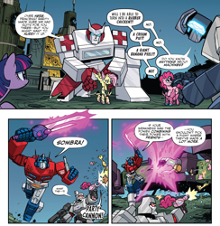 Size: 1988x2038 | Tagged: safe, artist:jack lawrence, idw, imported from derpibooru, fluttershy, pinkie pie, twilight sparkle, alicorn, earth pony, pegasus, pony, robot, spoiler:comic, spoiler:the magic of cybertron04, autobot, behaving like a weapon, blaster, crossover, cupcake, cybertron, cybertronian, decepticon, exosuit, female, food, glowing eyes, implied king sombra, laser pistol, male, megatron, mind control, optimus prime, party cannon, ratchet, rubber chicken, scorponok, sombrafied, sword, the magic of cybertron, transformers, twilight sparkle (alicorn), weapon, wheeljack