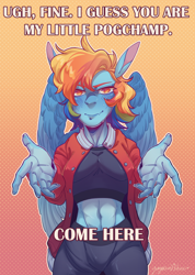 Size: 1600x2253 | Tagged: safe, artist:yuyusunshine, imported from derpibooru, rainbow dash, anthro, pegasus, clothes, female, gradient background, jacket, pants, pogchamp, solo, varsity jacket, winged anthro, wings