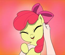 Size: 1122x953 | Tagged: safe, artist:doublewbrothers, edit, imported from derpibooru, apple bloom, earth pony, human, pony, adorabloom, cropped, cute, eyes closed, female, filly, hand, holding a pony, human on pony petting, offscreen character, open mouth, open smile, petting, pov, smiling, solo