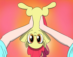 Size: 1122x890 | Tagged: safe, artist:doublewbrothers, edit, imported from derpibooru, apple bloom, earth pony, pony, adorabloom, cropped, cute, female, filly, hand, holding a pony, looking at you, offscreen character, pov, smiling, smiling at you, solo, upside down